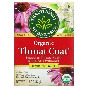 Traditional Medicinals Organic Throat Coat Lemon Echinacea Caffeine Free  16 Wrapped Tea Bags